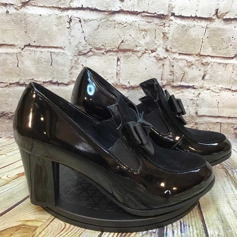 Jingpin Women's Black Faux Leather Victorian Witchy Bow Tie Block Heels Size 8.5